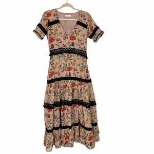 Carolina K Maxi Dress Medium Brown Black Red Bird Floral V-Neck Tiered Ruffle